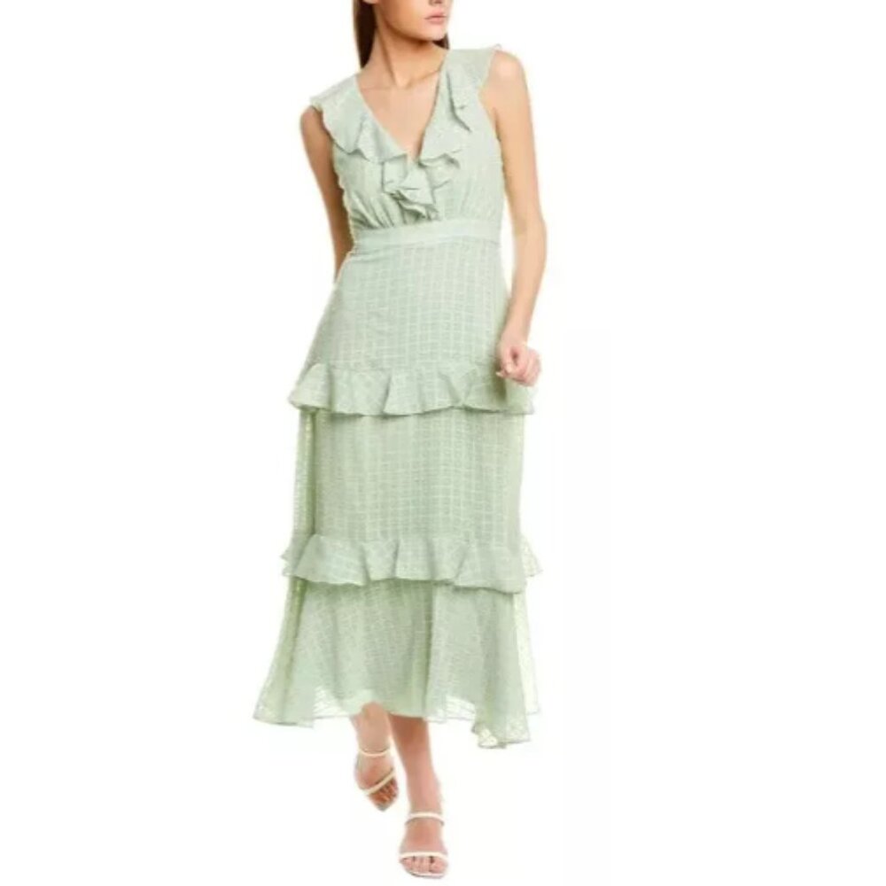 Taylor Size 16 Green Sleeveless V-Neck Tiered Ruffle Maxi Dress Tea Time Wedding